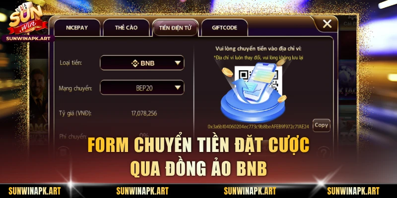 Form chuyển tiền đặt cược qua đồng ảo BNB