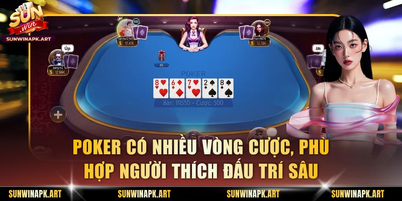 Poker có nhiều vòng cược, phù hợp người thích đấu trí sâu